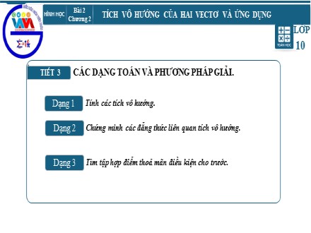 Bài giảng môn Toán Lớp 10 - Chương 2: Tích vô hướng của hai vectơ và ứng dụng, Bài 2: Tích vô hướng của hai vectơ (Tiết 3)