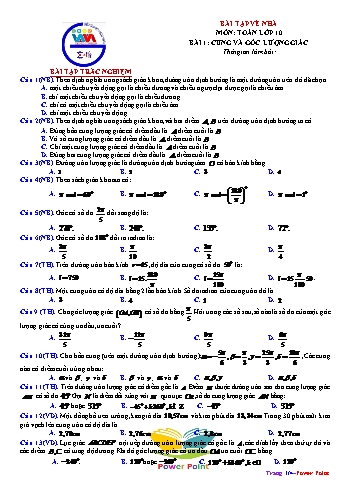 Bài tập về nhà môn Toán Lớp 10 - Bài 1: Cung và góc lượng giác (Có đáp án) Đề 1
