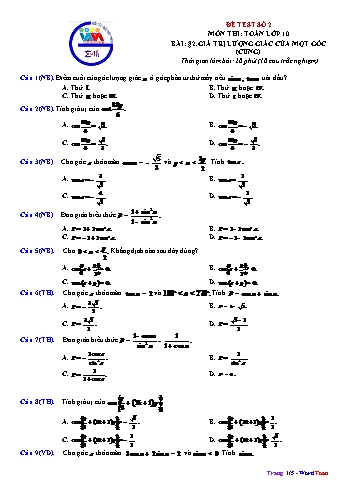Đề kiểm tra môn Toán Lớp 10 - Bài 2: Giá trị lượng giác của một góc (cung) (Có đáp án)