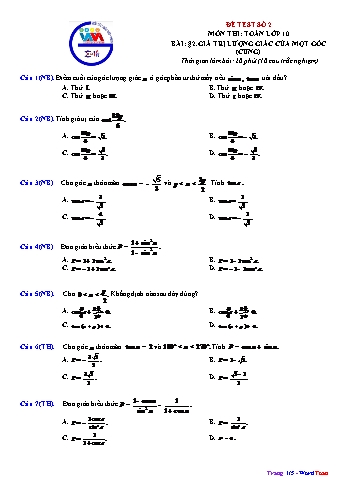 Đề kiểm tra môn Toán Lớp 10 - Bài 2: Giá trị lượng giác của một góc (cung) (Có đáp án)