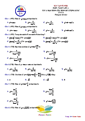 Đề kiểm tra môn Toán Lớp 10 - Bài 3: Đạo hàm của hàm số lượng giác (Tiết 2) (Có đáp án)