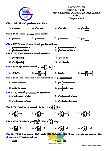 Đề kiểm tra môn Toán Lớp 10 - Bài 3: Đạo hàm của hàm số lượng giác (Tiết 1) (Có đáp án)