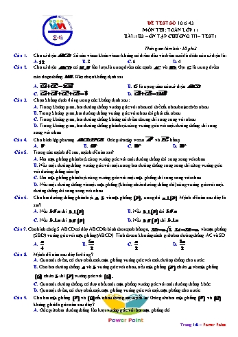 Đề kiểm tra môn Toán Lớp 11 - Bài: Ôn tập chương 3 (Test 1)