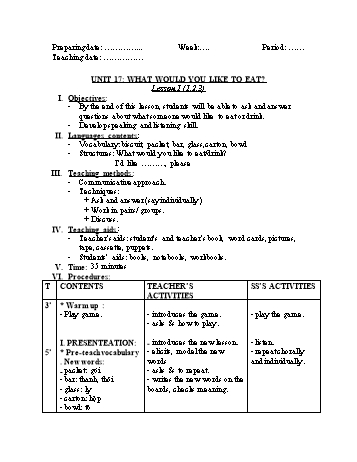 Bài giảng môn Tiếng anh Lớp 5 - Unit 17, Lesson 1: What would you like to eat?