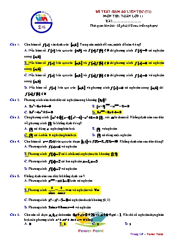 Bài kiểm tra môn Toán Lớp 11 - Bài: Hàm số liên tục (Tiết 2) (Có đáp án)