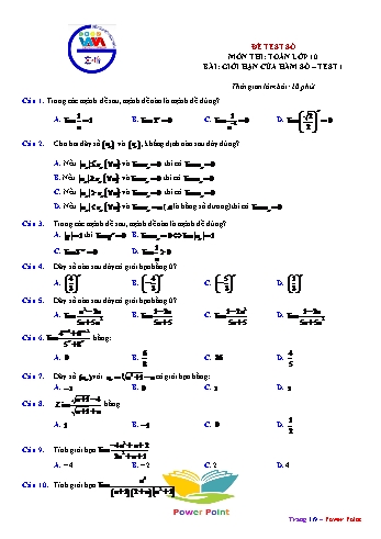 Đề kiểm tra môn Toán Lớp 10 - Bài: Giới hạn của hàm số