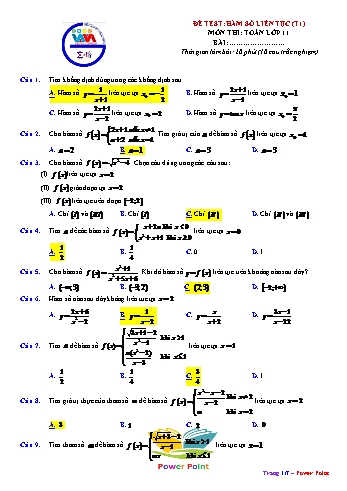 Đề kiểm tra môn Toán Lớp 11 - Bài: Hàm số liên tục (Tiết 1) (Có đáp án)