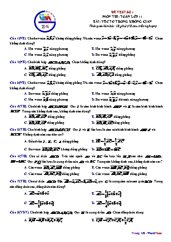 Đề kiểm tra môn Toán Lớp 11 - Bài: Vectơ trong không gian (Đề số 1)