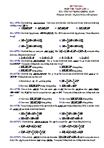 Đề trắc nghiệm kiểm tra môn Toán Lớp 11 - Bài: Vectơ trong không gian (Đề số 1)