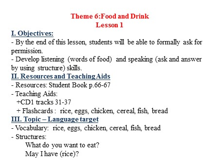 Bài giảng môn Tiếng anh Lớp 3 - Theme 6: Food and Drink, Lesson 1