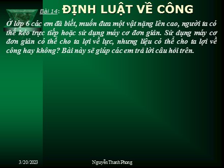 Bài giảng Vật Lí 8 - Bài 14: Định luật về công