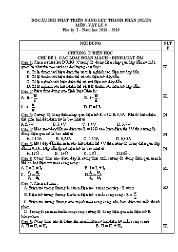 Bộ câu hỏi phát triển năng lực thành phần (NLTP) môn Vật lý 9 học kỳ 1 – Năm học 2018-2019