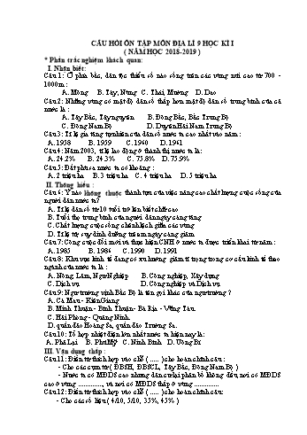 Câu hỏi ôn tập môn Địa lí 9 Học kì 1 - Năm học 2018-2019 (Có đáp án)