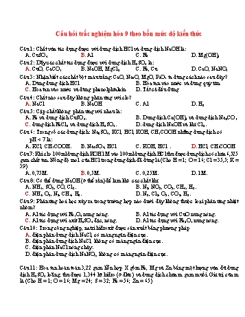 Câu hỏi trắc nghiệm Hóa học 9 theo bốn mức độ kiến thức