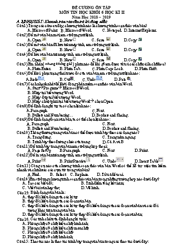 Đề cương ôn tập môn Tin học khối 6 học kì 2 - Năm học 2018-2019