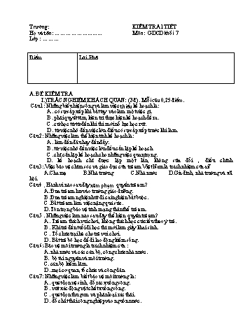 Đề kiểm tra 1 tiết môn Giáo dục công dân 7 - Năm học 2018-2019 - Trường THCS Nhuận Phú Tân (Có đáp án)