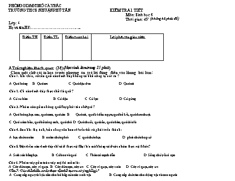 Đề kiểm tra 1 tiết môn Sinh học 6 học kì 2 - Năm học 2018-2019 - Trường THCS Nhuận Phú Tân