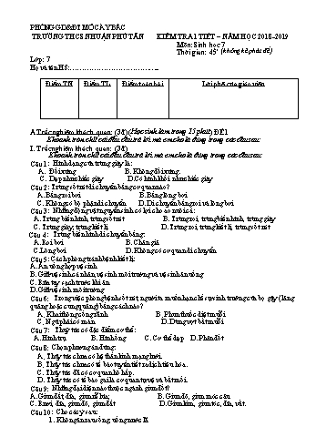 Đề kiểm tra 1 tiết môn Sinh học 7 - Năm học 2018-2019 - Trường THCS Nhuận Phú Tân (Có đáp án)