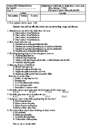 Đề kiểm tra cuối kì 2 môn Sinh học 7 - Năm học 2019-2020 - Trường THCS Nhuận Phú Tân (Có đáp án)