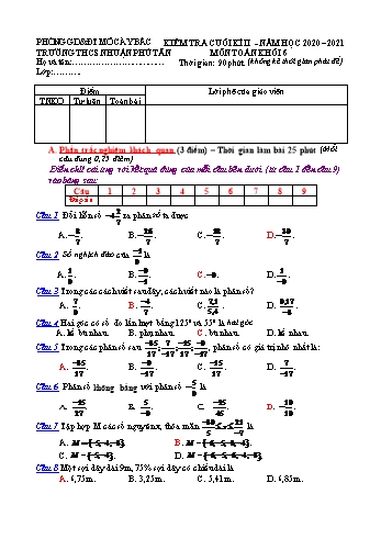 Đề kiểm tra cuối kì 2 môn Toán khối 6 - Năm học 2020 – 2021 - Trường THCS Nhuận Phú Tân (Có đáp án)