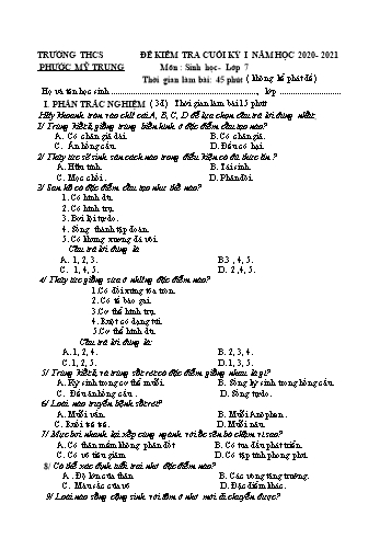 Đề kiểm tra cuối kỳ 1 môn Sinh học 7 - Năm học 2020-2021 - Trường THCS Phước Mỹ Trung