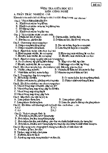 Đề kiểm tra giữa học kì 1 môn Công nghệ 6