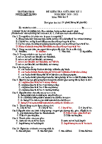 Đề kiểm tra giữa học kỳ 1 môn Sinh học 8 - Năm học 2020-2021 - Trường THCS Phước Mỹ Trung