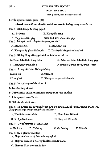 Đề kiểm tra giữa kì môn Sinh học Lớp 7 học kì 1