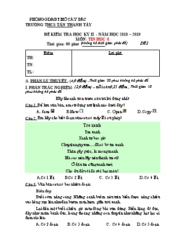 Đề kiểm tra học kỳ 2 môn Tin học 6 - Năm học 2018-2019 (Đề 2) (Có đáp án)