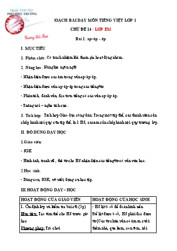 Giáo án Tiếng Việt lớp 1 - Chủ đề 14 : Lớp em, Bài 1: Ap–ăp - âp