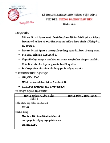 Kế hoạch bài dạy môn Tiếng việt Lớp 1 - Chủ đề 1: Những bài học đầu tiên, Bài 1: A, a