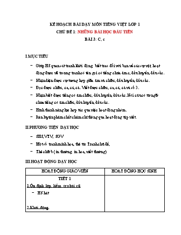 Kế hoạch bài dạy môn Tiếng việt Lớp 1 - Chủ đề 1: Những bài học đầu tiên, Bài 3: C, c