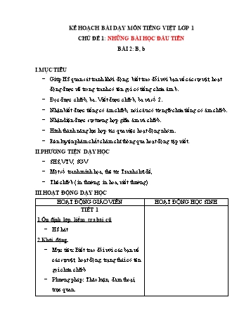 Kế hoạch bài dạy môn Tiếng việt Lớp 1 - Chủ đề 1: Những bài học đầu tiên, Bài 2: B, b