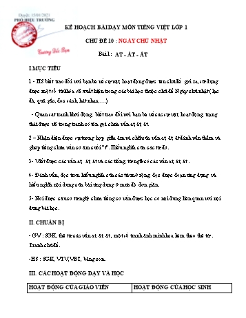 Kế hoạch bài dạy môn Tiếng việt Lớp 1 - Chủ đề 10: Ngày chủ nhật, Bài 1: AT - ĂT - ÂT