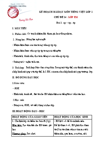 Kế hoạch bài dạy môn Tiếng việt Lớp 1 - Chủ đề 14 : Lớp em, Bài 1: Ap – ăp - âp