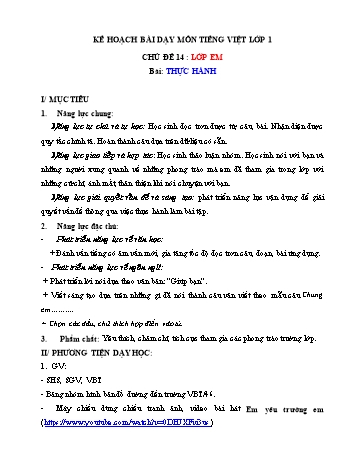 Kế hoạch bài dạy môn Tiếng việt Lớp 1 - Chủ đề 14 : Lớp em, Bài: Bài thực hành