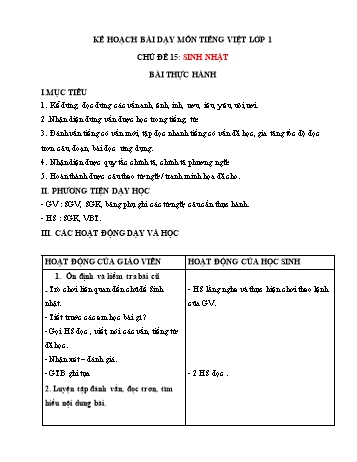 Kế hoạch bài dạy môn Tiếng việt Lớp 1 - Chủ đề 15: Sinh nhật, Bài: Bài thực hành