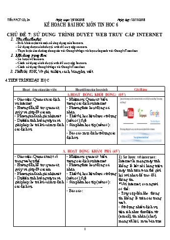 Kế hoạch bài học môn Tin học Lớp 6 - Chủ đề 7: Sử dụng trình duyệt web truy cập Internet