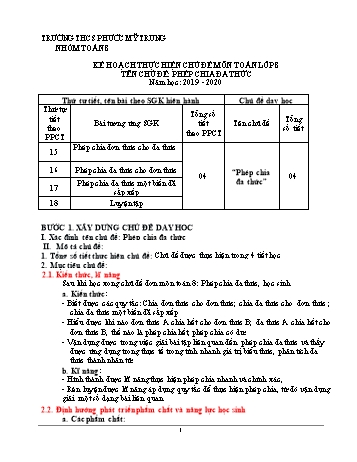 Kế hoạch thực hiện chủ đề môn Toán lớp 8 Tên chủ đề: Phép chia đa thức - Năm học 2019-2020