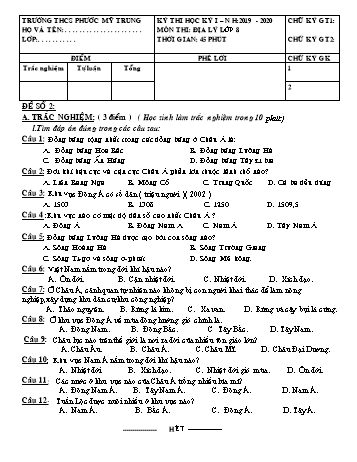 Kì thi học kì 1 Địa lí 8 - Năm học 2019-2020 (Đề 2)