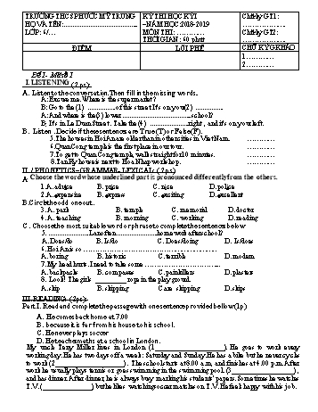 Kỳ thi học kỳ 1 môn thi Tiếng anh 6 (Chương trình mới) - Năm học 2018-2019 (Đề 1)