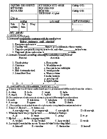 Kỳ thi học kỳ 2 môn thi Tiếng anh 8 (Chương trình mới) - Năm học 2018-2019 (Đề 1)