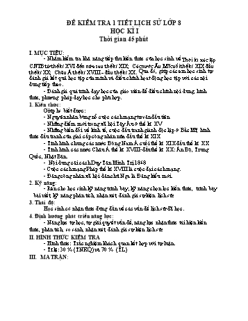 Ma trận đề kiểm tra 1 tiết học kì 1 môn Lịch sử khối 8 - Năm học 2018-2019