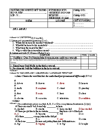 Ma trận đề thi học kì 1 môn Tiếng anh 7 - Năm học 2019-2020 (Đề 2)