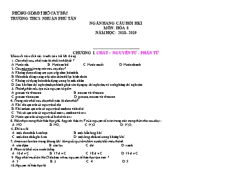 Ngân hàng câu hỏi học kì 1 môn Hóa học 8 - Năm học 2018-2019