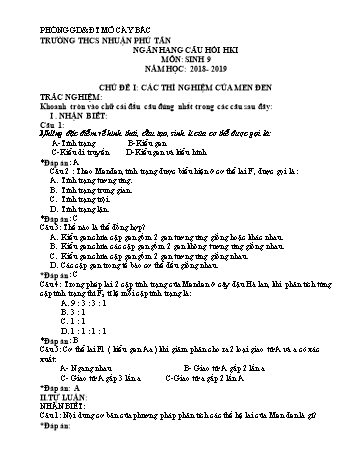 Ngân hàng câu hỏi học kì 1 môn Sinh học 9 - Năm học 2018-2019