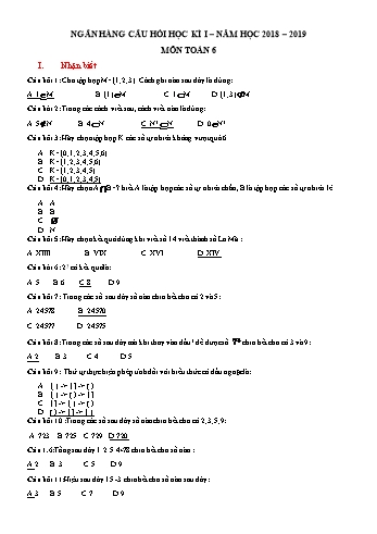 Ngân hàng câu hỏi học kì 1 môn Toán 6 - Năm học 2018-2019