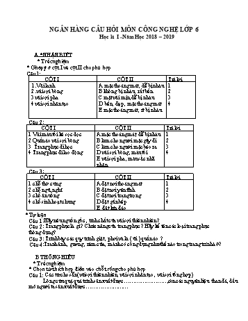 Ngân hàng câu hỏi môn Công nghệ lớp 6 học kì 1 - Năm học 2018-2019