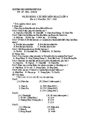 Ngân hàng câu hỏi môn Địa lí lớp 8 học kì 1 - Năm học 2017 – 2018