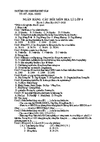 Ngân hàng câu hỏi môn Địa lí lớp 9 học kì 1 - Năm học 2017 – 2018